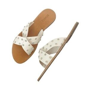 NWT Schutz Marilu Sandal White Leather Rhinestone Studded Slide Women’s Size 9.5